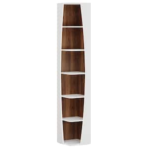 Eulas 70.87 in. Tall White & Walnut Wood 6-Shelf Corner Bookcase Freestanding Boat-shaped with Opening Display Shelves