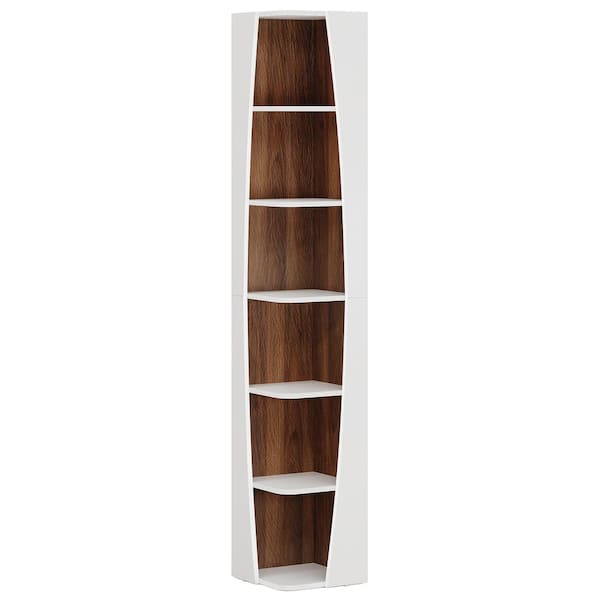 BYBLIGHT Eulas 70.87 in. Tall White & Walnut Wood 6-Shelf Corner Bookcase Freestanding Boat-shaped with Opening Display Shelves