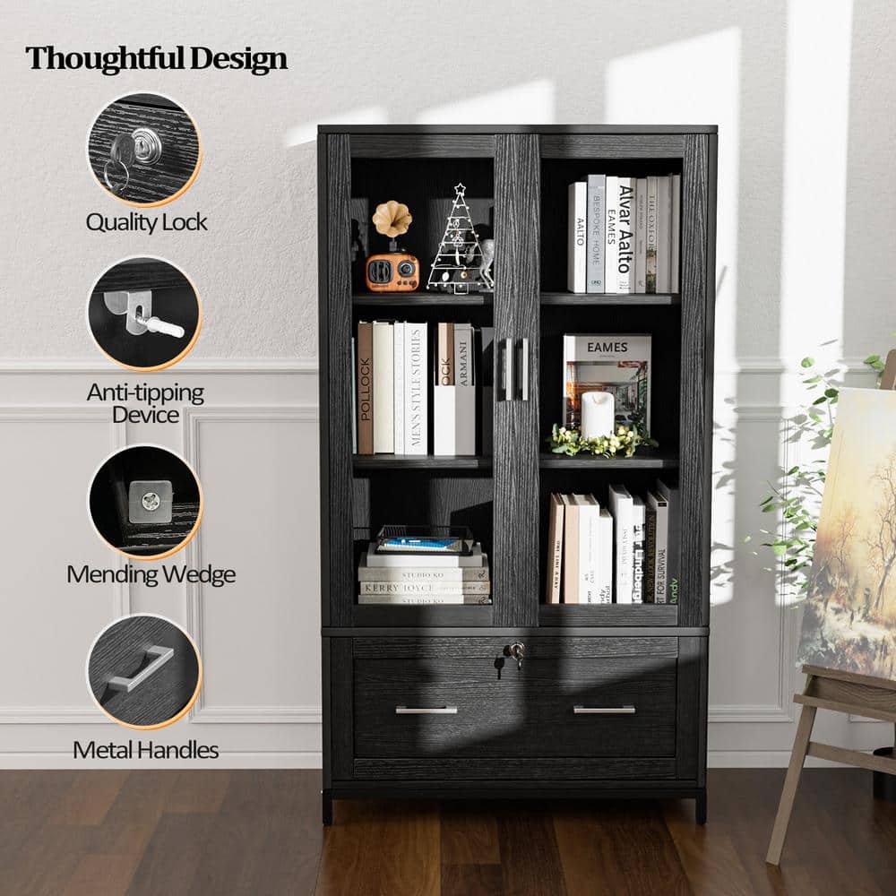 Infographic detailing thoughtful design features of a file cabinet.