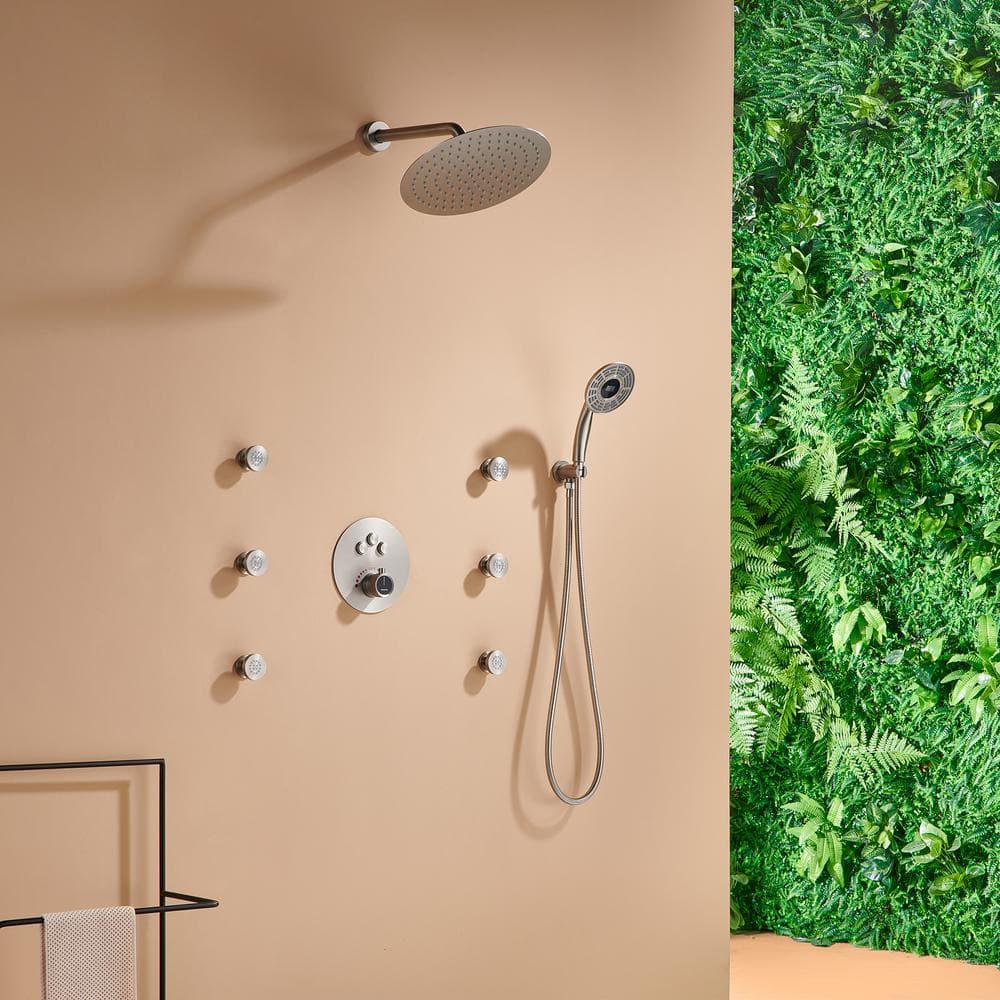 Brushed Nickel Thermostatic Rain Shower System with Digital Display