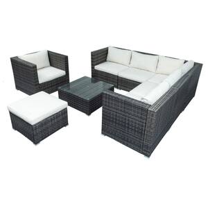 Sonic Gray 8-Piece Woven Wicker Outdoor Corner Sofa Sectional Set with White Cushion and Steel Fames