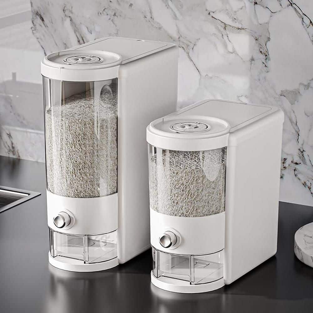Dry Food Dispensers White Plastic Rice Storage Container with Measuring Cup, Built-In Fresh Box and Lid
