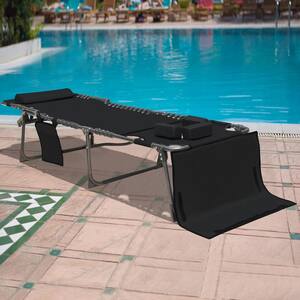 Black Outdoor Lounge Chair Chaise Lounge with Face Hole, Pillow and Pocket