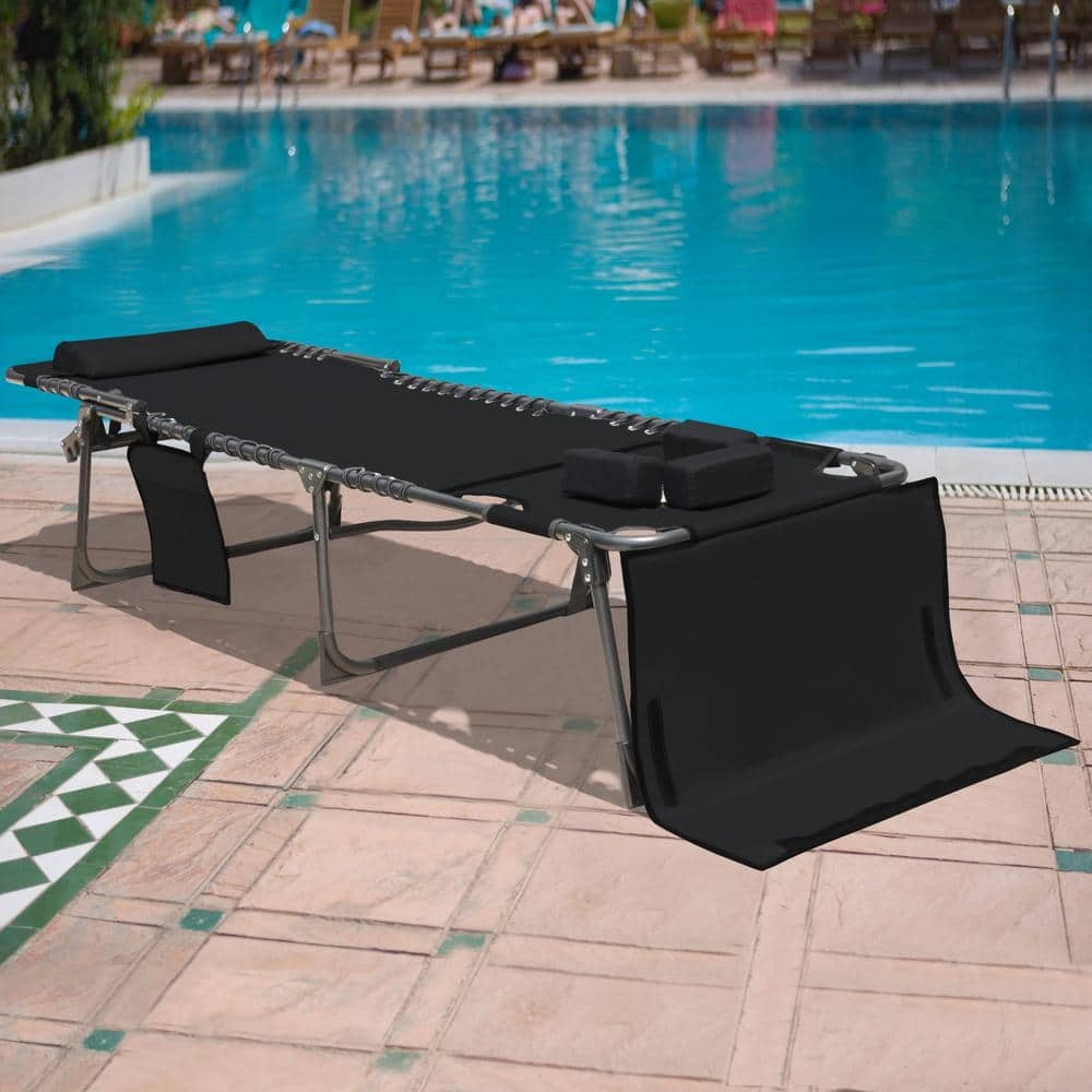 VEIKOUS Black Outdoor Lounge Chair Chaise Lounge with Face Hole, Pillow and Pocket