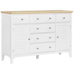 White Modern Sideboard with Drawers, Buffet Cabinet with Storage Cabinets, Rubberwood Top and Adjustable Shelves