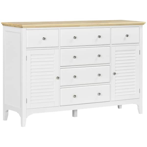 HOMCOM White Modern Sideboard with Drawers, Buffet Cabinet with Storage Cabinets, Rubberwood Top and Adjustable Shelves
