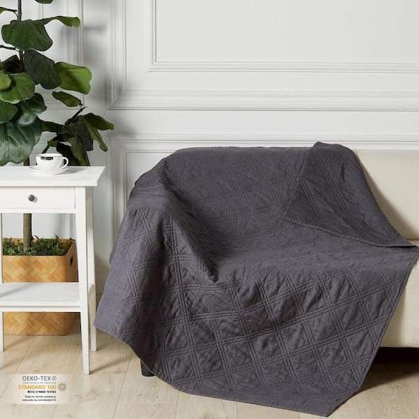 Washed Linen Charcoal Quilted Throw Blanket