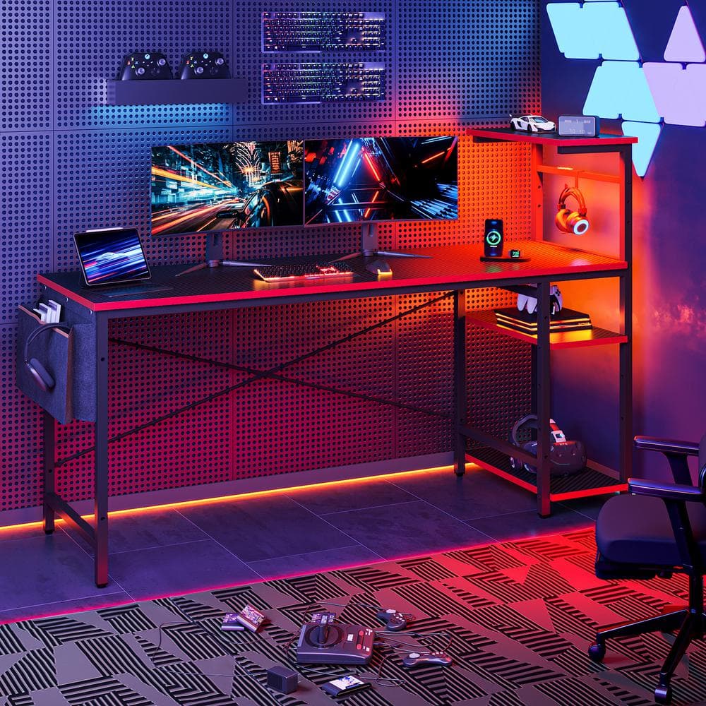 Black Carbon Fiber Gaming Desk with LED Lights and Shelves