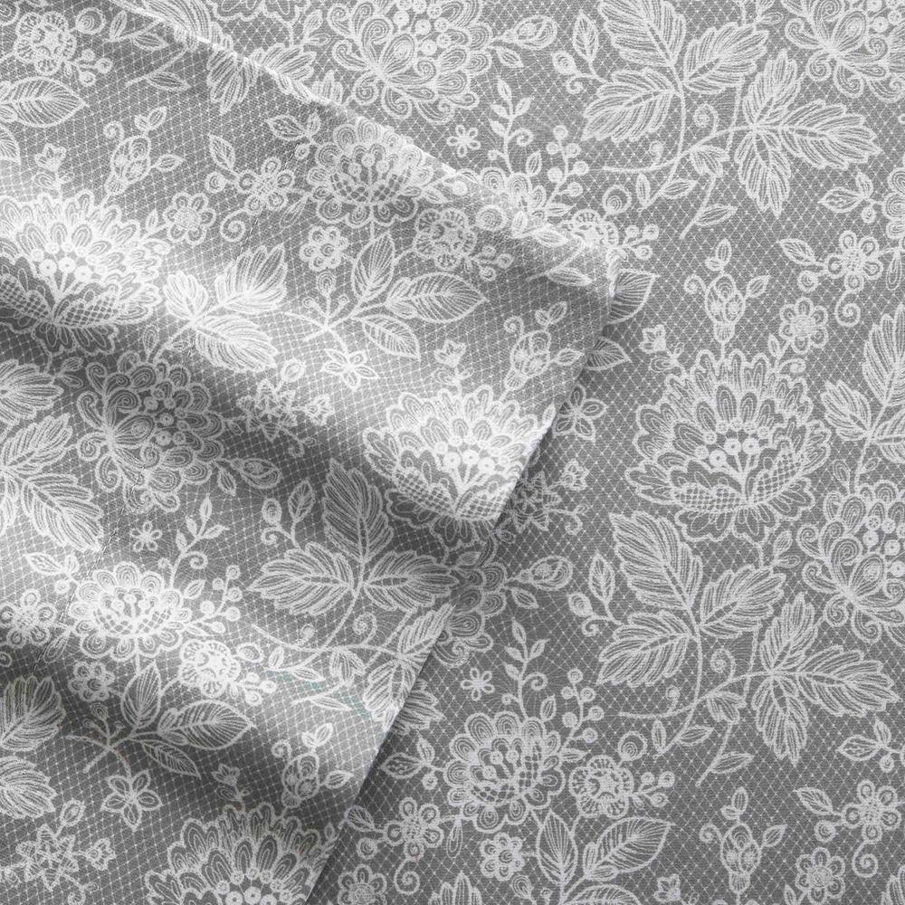 King Gray Floral Micro Flannel Sheet Set