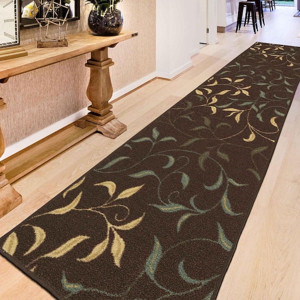 Ottohome Collection Non-Slip Rubberback Leaves Design 3x10 Indoor Runner Rug, 2 ft. 7 in. x 9 ft. 10 in., Dark Brown