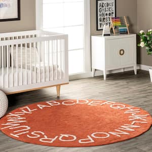 Kids Machine Washable Rust 4 ft. Alphabet Print Round Rug