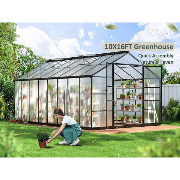 VIWAT 10 ft. W x 16 ft. D Greenhouse for Outdoors, Polycarbonate
