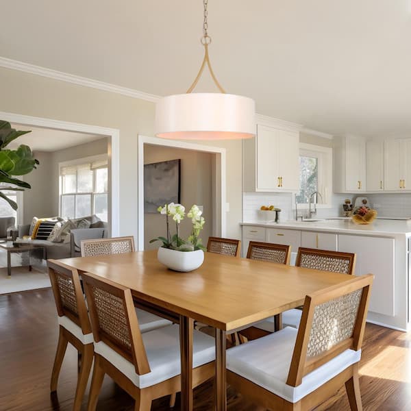 3-Light Modern Dark Gold Pendant Light, Farmhouse Chandelier with Drum Fabric Shade, White Island Pendant Hanging Light