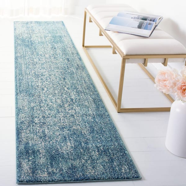 Evoke Blue/Ivory 2 ft. x 17 ft. Distressed Border Medallion Runner Rug