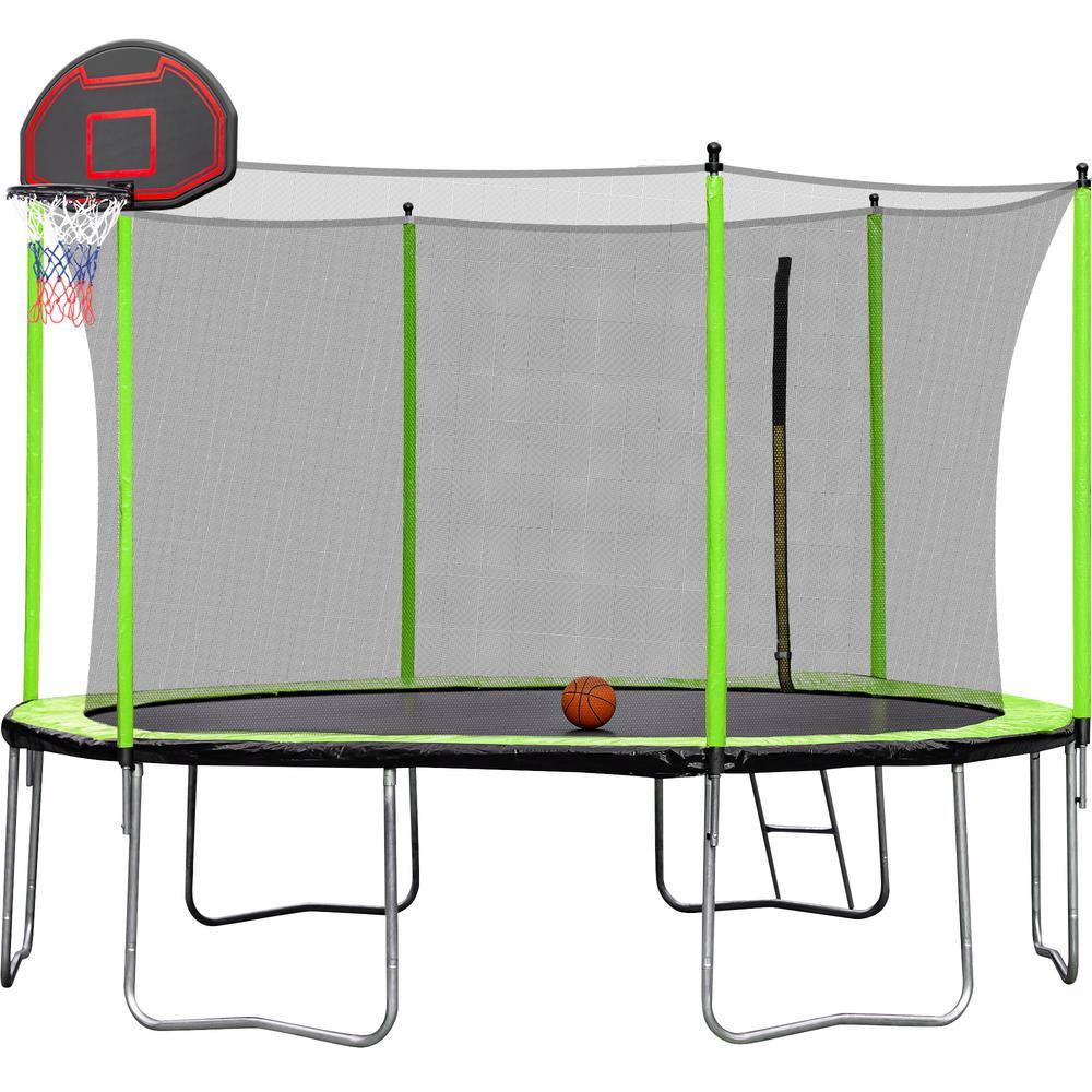 12FT Green Round Trampoline with Safety Enclosure and Basketball Hoop