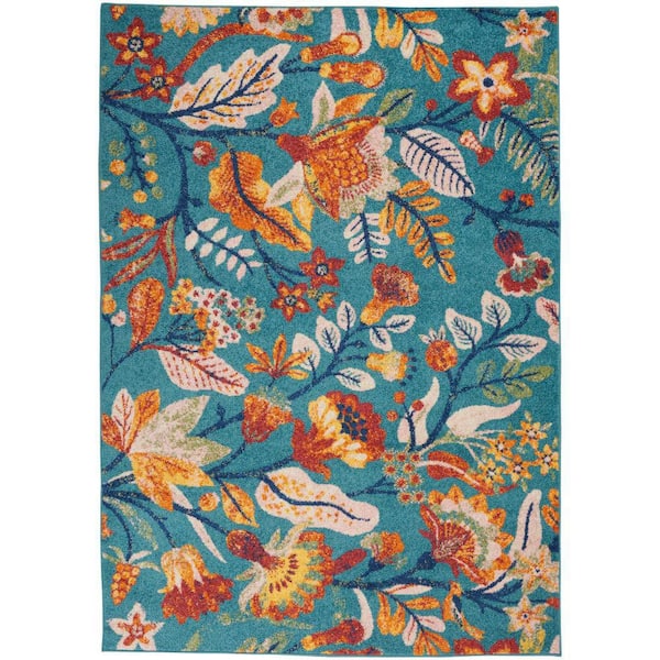 Nourison Allur Turquoise Multicolor 5 ft. x 7 ft. Floral Contemporary Area Rug