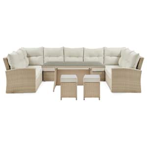 Canaan All-Weather Wicker Outdoor Double-Corner Sectional Sofa and 2-Loveseats with Cream Cushions Table and 2-Stools