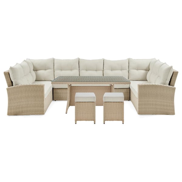 Alaterre Furniture Canaan All-Weather Wicker Outdoor Double-Corner Sectional Sofa and 2-Loveseats with Cream Cushions Table and 2-Stools