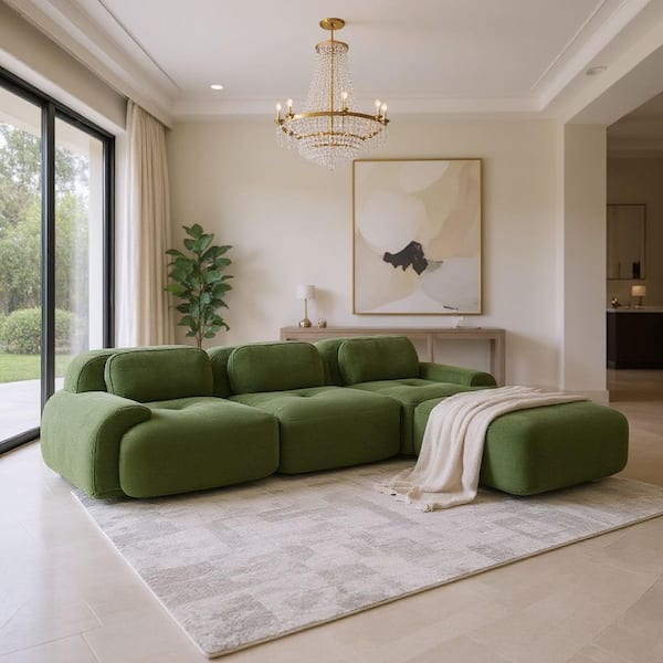 SMZO 117.3 in. Rolled Arm 3-Piece Corduroy Modular Sectional Sofa in. Sage Green with Ottoman, and Flexible Layout