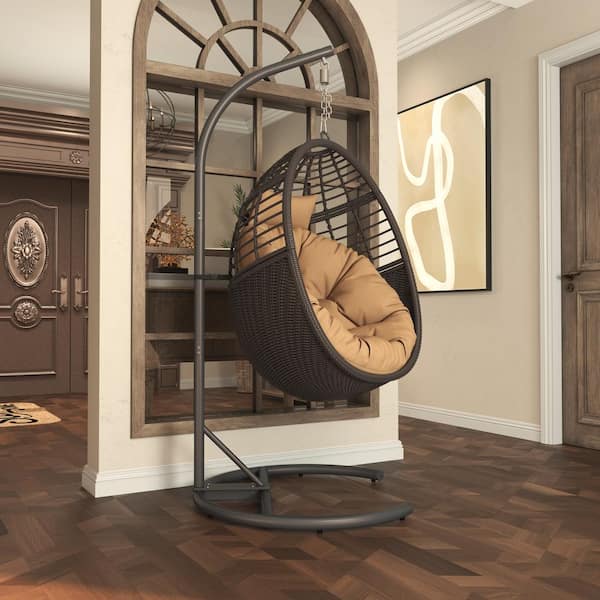 TWT 36 in. W Brown Hand-Woven Wicker Metal Outdoor Freestanding Patio Swing Egg Chair with Cushion and Stand