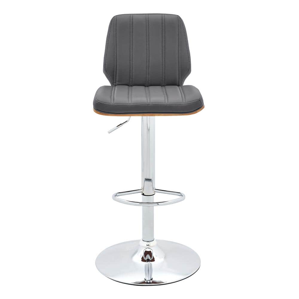 Gray Adjustable Swivel Bar Stool with Chrome and Walnut Accents