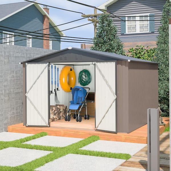10 ft. W x 10 ft. D Brown Metal Storage Shed with Lockable Doors, Utility Tool Storage for Garden, Backyard (93 sq. ft.)