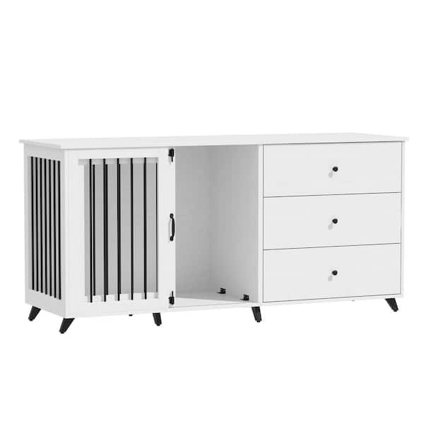 FUFU&GAGA Modern Large Wooden Dog Kennel Furniture Storage Cabinet, Heavy Duty Dog Cage with 3 Drawers for Large Dogs,White
