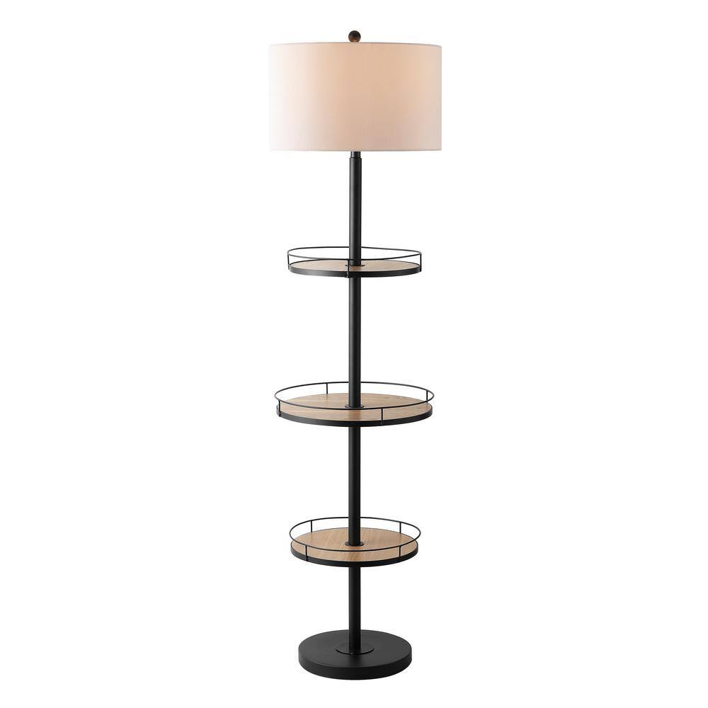 Matte Black 3-Shelf Floor Lamp with Wood Shelves