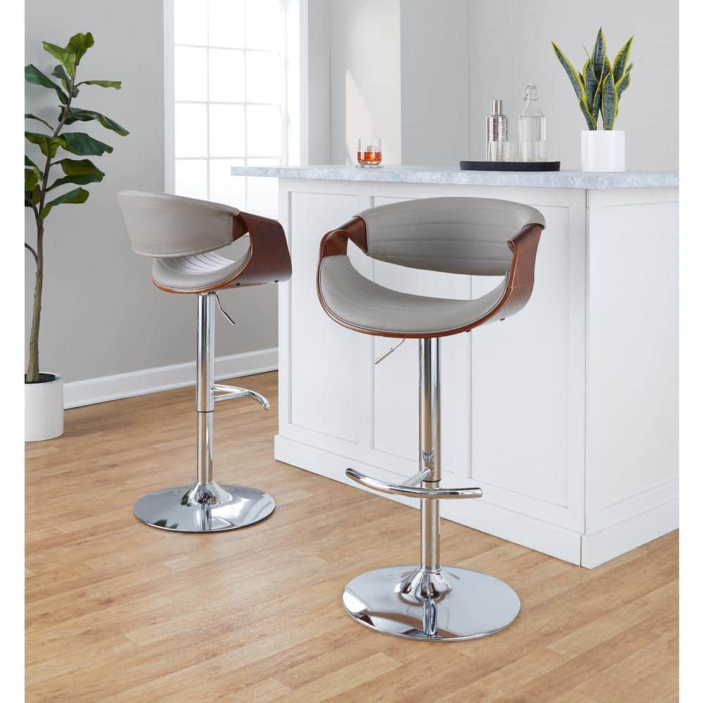 Adjustable Swivel Gray Faux Leather and Walnut Barstool Set
