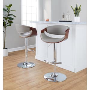 Symphony 32.5 in. Grey Faux Leather, Walnut Wood and Chrome Metal Adjustable Bar Stool (Set of 2)