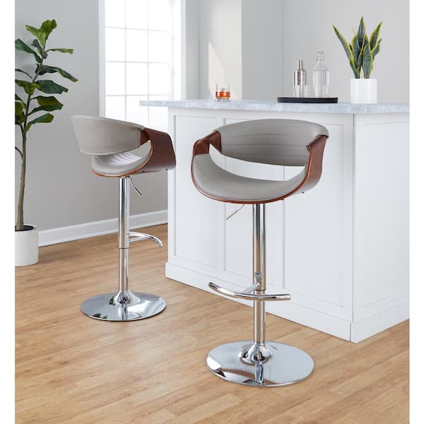 Lumisource Symphony 32.5 in. Grey Faux Leather, Walnut Wood and Chrome Metal Adjustable Bar Stool (Set of 2)
