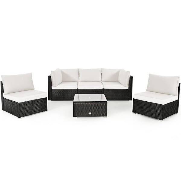 Gymax 6-Piece Rattan Outdoor Sectional Sofa Set Patio Furniture Set with White Cushions