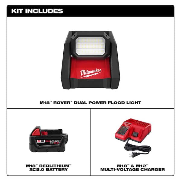 Milwaukee - M18 GEN-2 18-Volt Lithium-Ion Cordless ROVER LED AC/DC Flood Light and Starter Kit with (1) 5.0 Ah Battery and Charger