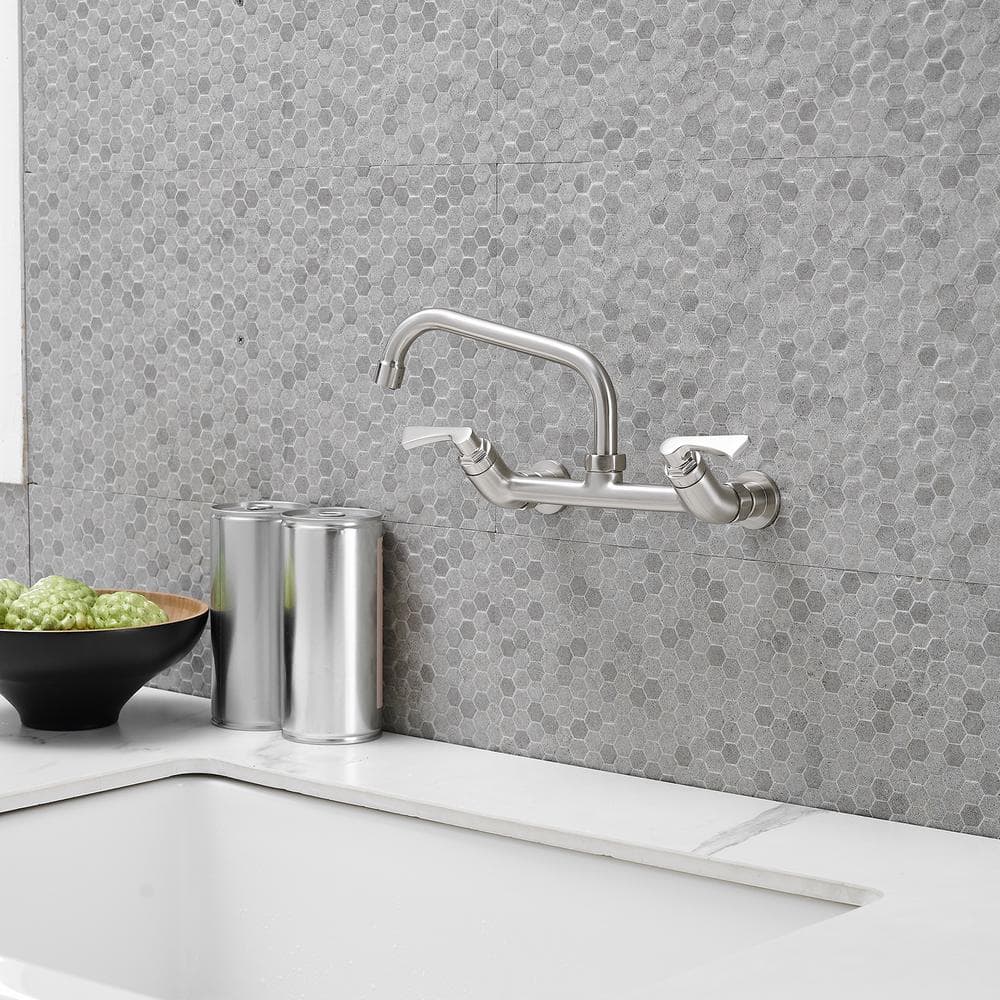 Brushed Nickel Wall Mount Double Handle Kitchen Faucet