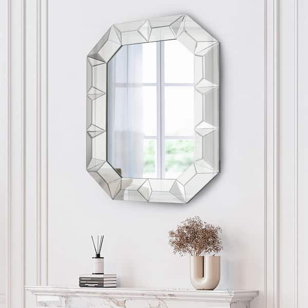 35.4 in. W x 47.2 in. H Silver Geometric Wall Mirror for Bedroom or Entryway with Modern Glam Decorative Glass Frame