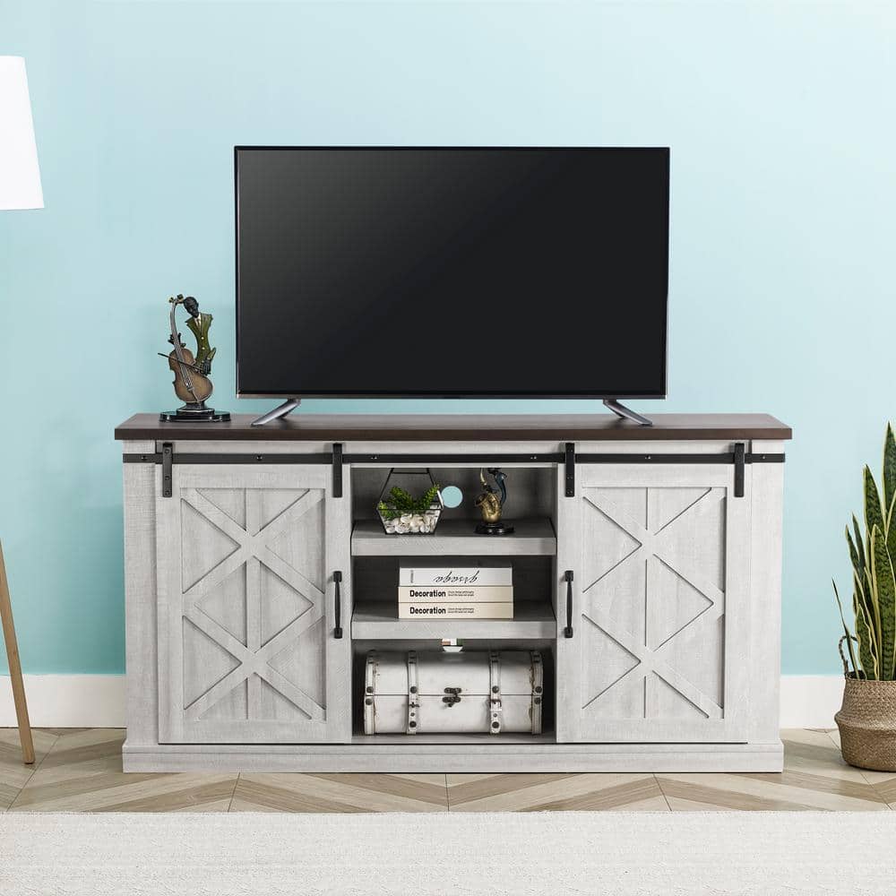 Coast-to-Coast Sliding Barn-Door TV Stand in Saw Cut-Off White