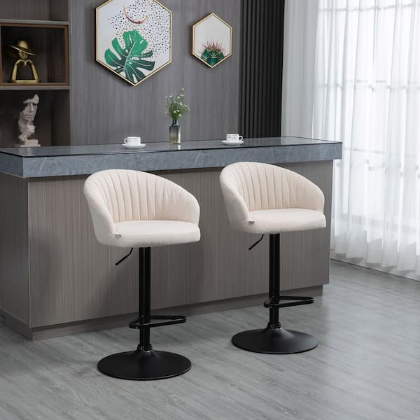 Adjustable Bar Stools Set of 2, Fabric Upholstered Kitchen Stools with Swivel Seat, Steel Frame, Footrest, ‎Beige