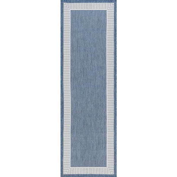 Tayse Rugs Eco Striped Border Blue 2 ft. x 8 ft. Indoor/Outdoor Runner Rug