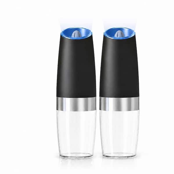 Gravity Salt and Pepper Grinder Set of 2, Adjustable Coarseness with LED Light, Black