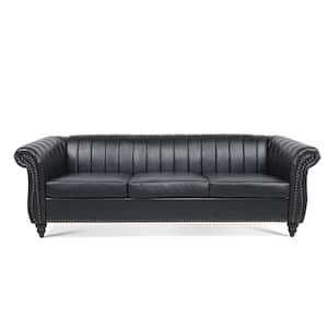 Chesterfield 84 in. W Flared Arm Faux Leather Straight 3-Seater Sofa in Black