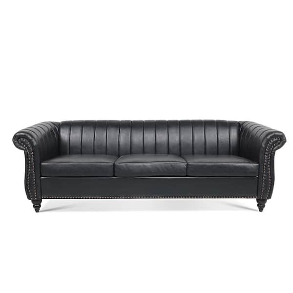Harper & Bright Designs Chesterfield 84 in. W Flared Arm Faux Leather Straight 3-Seater Sofa in Black