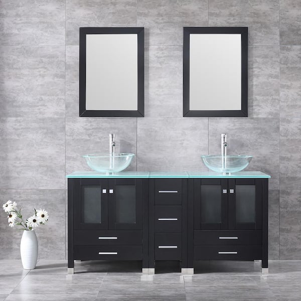 60 in. W x 21.5 in. D x 61 in. H Double Sinks Bath Vanity in Black with Glass Top and Mirror