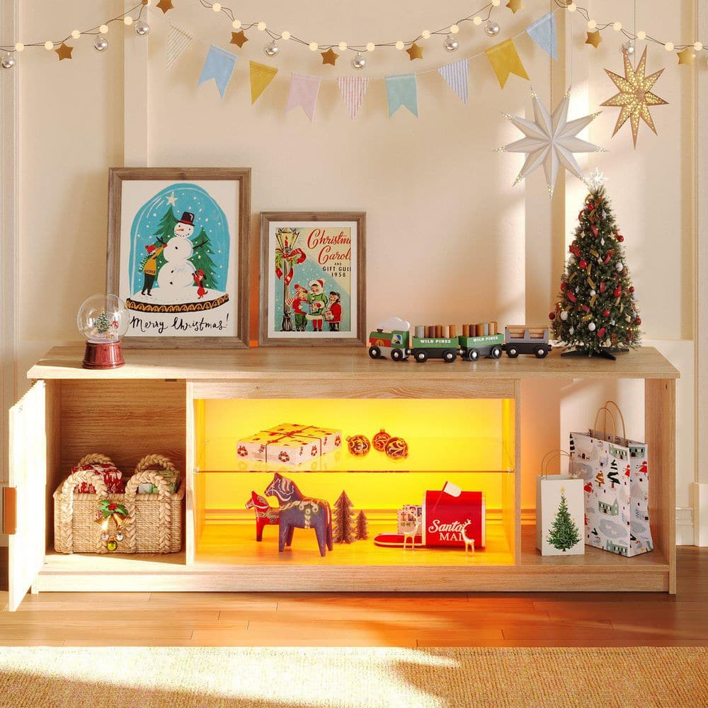 Bestier 57 in. Fluted Natural Wood Color TV Stand Fit TV Up to 65