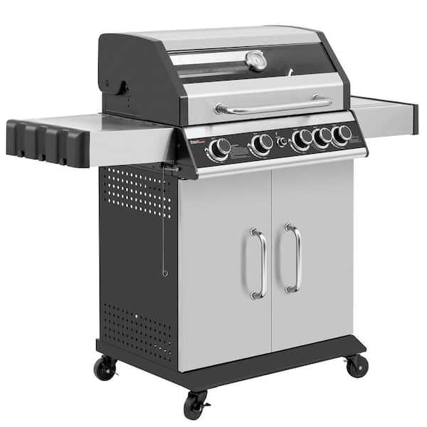 4-Burner Propane Gas Grill with Side Burner with Glass Viewing Window, Cabinet Style, Silver