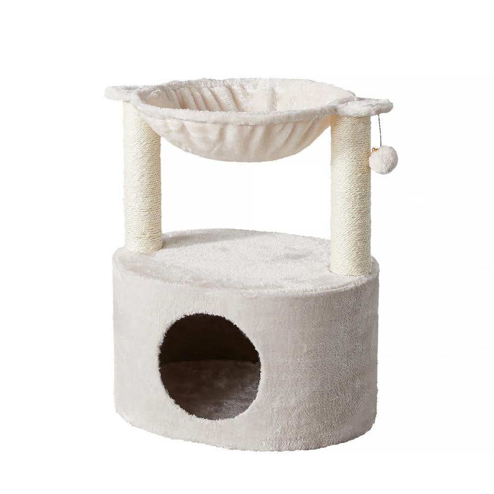 Cream Plush Cat Tree with Condo and Sisal Hammock
