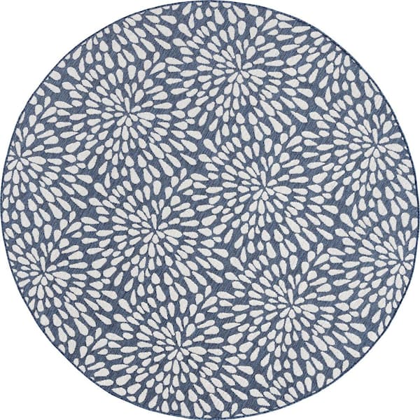 Tayse Rugs Eco Floral Navy 6 ft. Round Indoor/Outdoor Area Rug