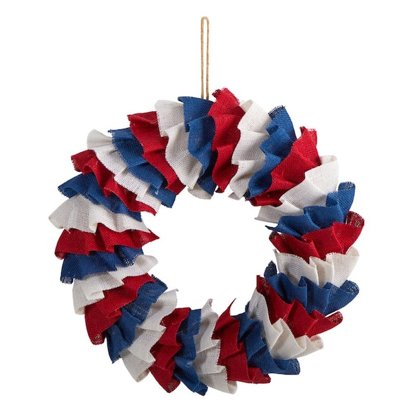 Nearly Natural 18 in. Artificial Red White and Blue Americana Burlap Wreath