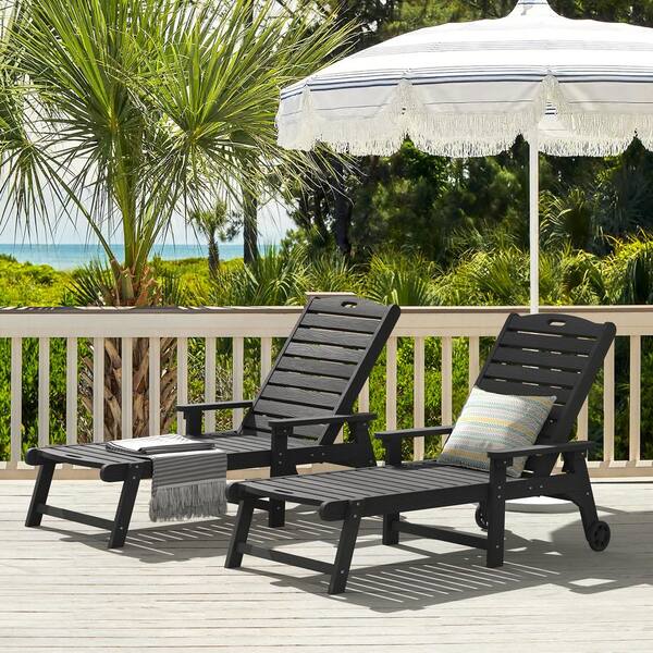 LUE BONA Hampton Black Patio Plastic Outdoor Chaise Lounge Chair with Adjustable Backrest Pool Lounge Chair and Wheels Set of 2