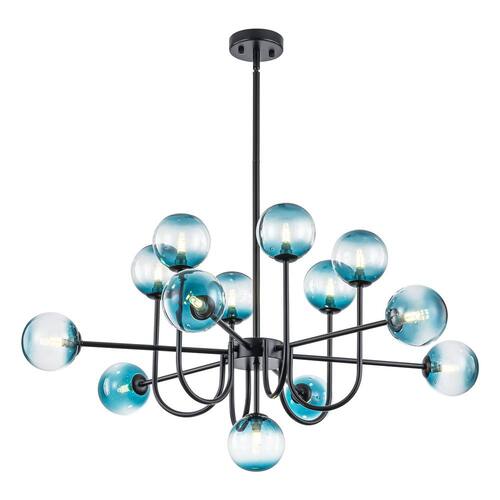 Xochitl 13-Light Mid-Century Modern Black Linear Sputnik Gradient Blue Glass Globe Bubble Chandelier for Living Room Lighting