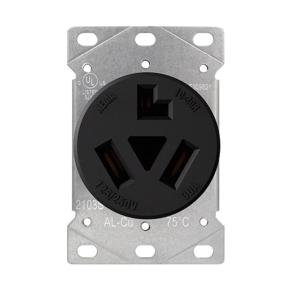 30 Amp 125/250V, NEMA 10-30R Flush Mount Power Outlet, Single Straight Blade Range and Dryer Outlet Non-Grounding Black
